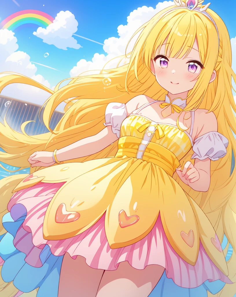 ,Desserts,yellow,blue hair,pink eyes,long hair,Headband,princess dress,yellow,Rainbow pattern,Clear skies,cloud,Big bubbles can float.,ทุ่งหญ้าDesserts