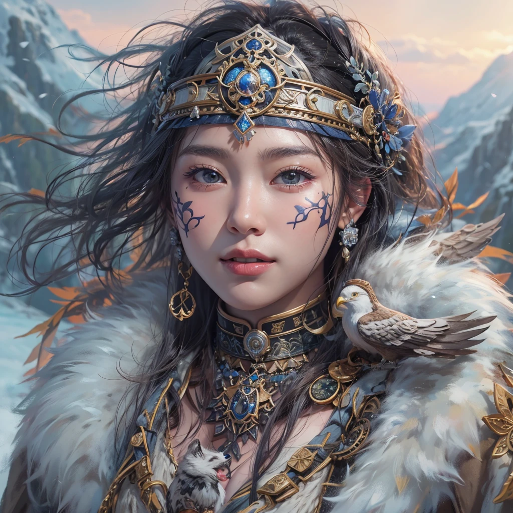 Hiding in the snowy mountains、Hair flow、 ((Highest quality、masterpiece、8K、Best image quality、Ultra-high resolution、Award-winning works)、(Accurate anatomy:1.1)、(Look at me and smile:1.1)、Shining fair skin with Ultra-high resolution、The most detailed face、Ultra-high resolution detailed face、Ultra-high resolutionの髪の毛、(Ultra-high resolutionの煌めく瞳:1.1)、Beautiful face drawn in every detail、(Blurred Background:1.1)、Ancient Inuit clothing, Chest to chest, tattoo, Old ruins in the background、Apart from the real giant eagle