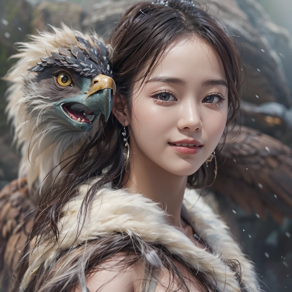 Hiding in the snowy mountains、Hair flow、 ((Highest quality、masterpiece、8K、Best image quality、Ultra-high resolution、Award-winning works)、(Accurate anatomy:1.1)、(Look at me and smile:1.1)、Shining fair skin with Ultra-high resolution、The most detailed face、Ultra-high resolution detailed face、Ultra-high resolutionの髪の毛、(Ultra-high resolutionの煌めく瞳:1.1)、Beautiful face drawn in every detail、(Blurred Background:1.1)、Ancient Inuit clothing, Chest to chest, tattoo, Old ruins in the background、Apart from the real giant eagle
