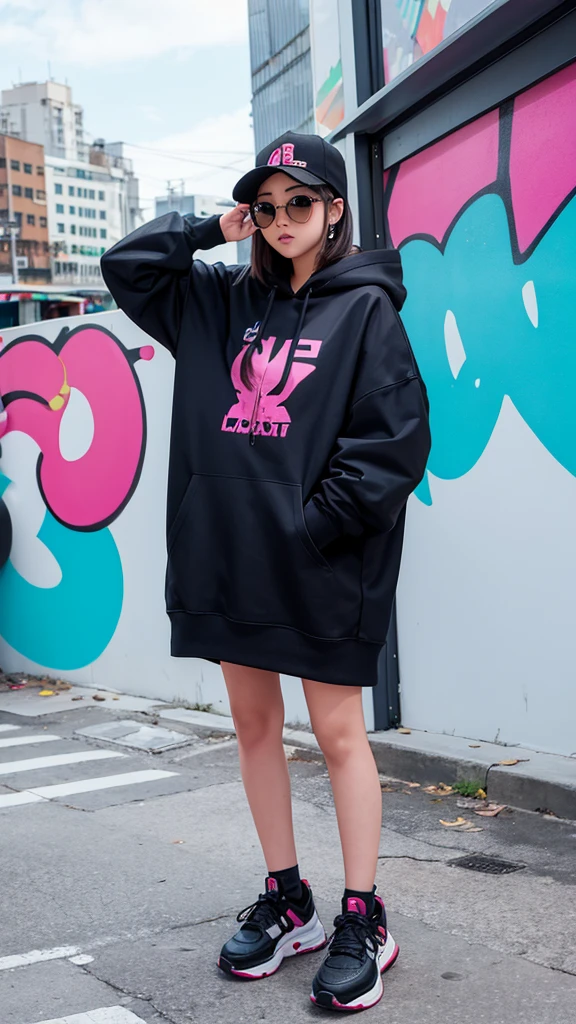 Capture a stylish girl in a hype outfit, complete with trendy sneakers, oversized hoodie, and edgy accessories. She's posing confidently in front of a modern, urban building. Behind her, there's a large, vibrant graffiti mural featuring the word 'SASIMO' in bold, colorful letters. The background should emphasize the dynamic cityscape, with the girl exuding cool confidence and street-style flair."