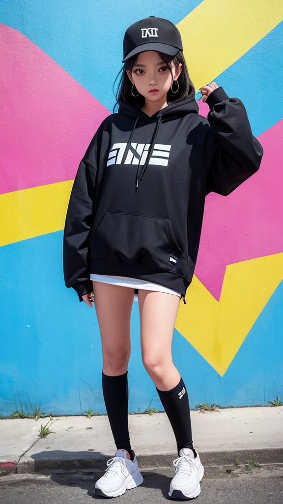 Capture a stylish girl in a hype outfit, complete with trendy sneakers, oversized hoodie, and edgy accessories. She's posing confidently in front of a modern, urban building. Behind her, there's a large, vibrant graffiti mural featuring the word 'SASIMO' in bold, colorful letters. The background should emphasize the dynamic cityscape, with the girl exuding cool confidence and street-style flair."