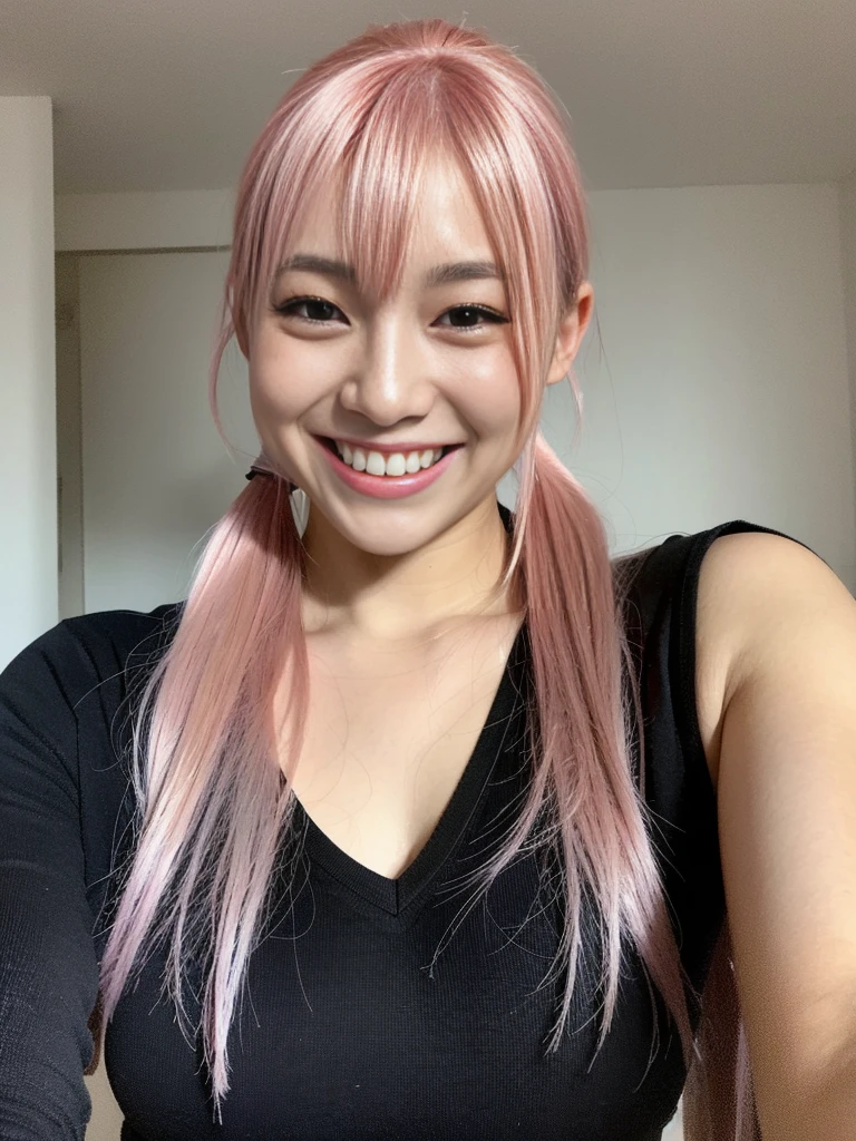 (8k, best quality, masterpiece:), japanese girl with pink hair on pony tail selfie POV on a dark bedroom wearing V-neck shirt, sexy clothes, smiling showing teeth, selfie shot, minimal lighting, messy hair, best quality, ultra realistic, perfect body, beautiful face, accurate details, selfie shot, live focus