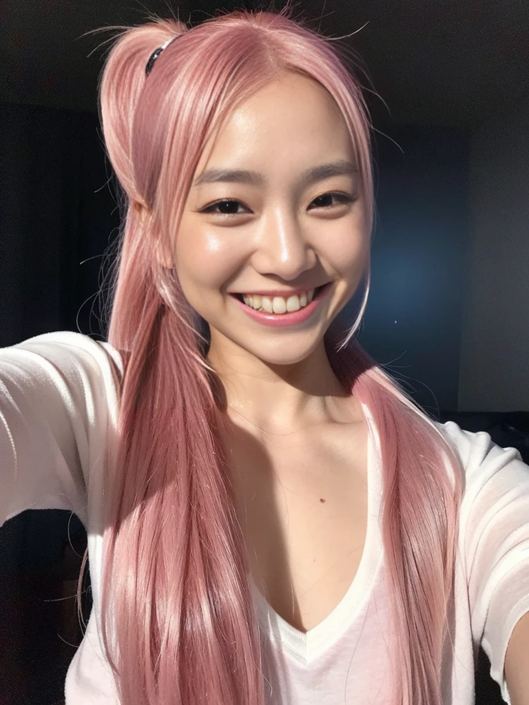 (8k, best quality, masterpiece:), japanese girl with pink hair on pony tail selfie POV on a dark bedroom wearing V-neck shirt, sexy clothes, smiling showing teeth, selfie shot, minimal lighting, messy hair, best quality, ultra realistic, perfect body, beautiful face, accurate details, selfie shot, live focus
