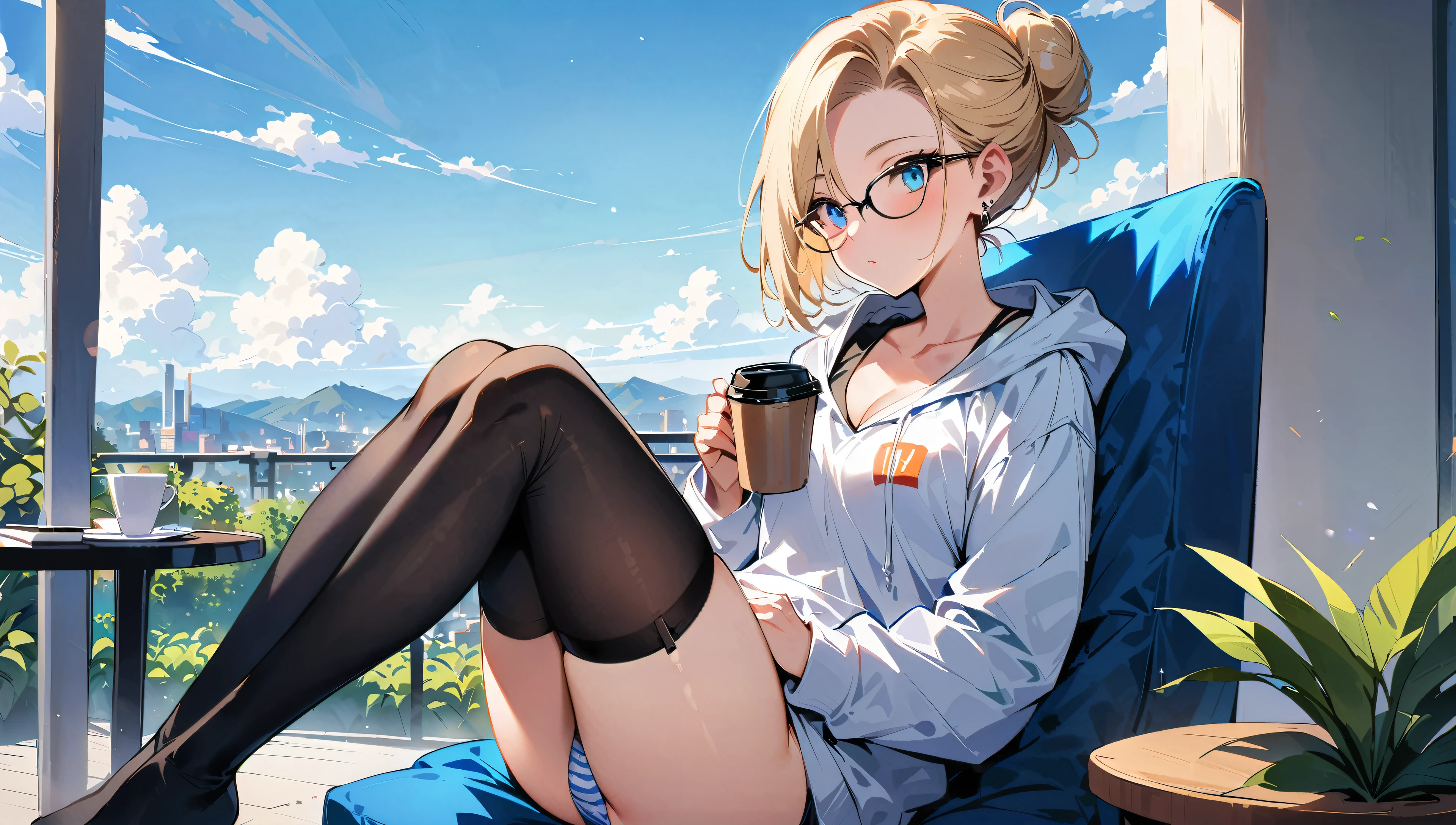 (masterpiece, best quality:1.2), solo, Android 18 from Dragon Ball, ((light gray hooded sweatshirt, Oversized hooded sweatshirt, long sleeve, black thin thigh highs, knees up, beautiful butt, thighs, stripe navy panties)), small breasts, blonde hair, (single hair bun), ((blue eyes)), (wearing glasses), earrings on earlobes, slender feminine figure, skinny body, (drinking a coffee), cleavage, off shoulder, light blush, chill, hot coffee, organized, simple, white-based interior, a few plants, cloudy sky, terrace, magnificent view, blur background, 4K, on the cute chair, (pale blue chair),