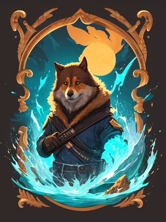 [brown dog] Heraldic silhouette, logo masking style illustration, by dan mumford, by greg rutkowski, by james jean, black background, fantasy art, mysterious, realistic, majestic, rich vibrant colors, high contrast, seamless water brand, artstation, deviantart, dribble, redbubble, teepublic, sharp focus, simple, hyper detailed, detailed drawing, vectorize, outline, isometric style, 8k."