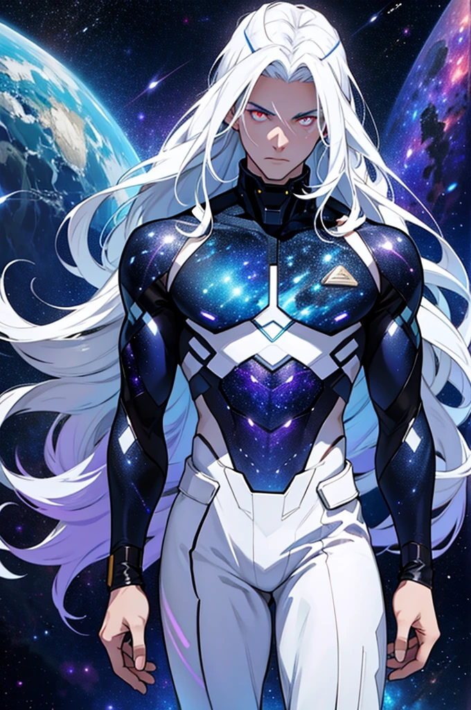 male, masculine, Galaxy theme, white glowing eyes, galactic body, space background, body made of stars, long hair, shirtless, cosmic entity