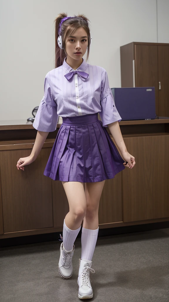 ((masterpiece, best quality))1girl, solo, androgyny fashion purple dress modern future, electric guitar, headphones, ponytail, holding, holding plectrum, instrument, very very long brown hair, music, one side up, teal hair, twin tails, playing guiter, pleated long skirt fashion, fashion cosplay japan dress modern purple and white, interior, full body, purple, sit down in retro classic chair, walking, jumping, beautiful boot modern, background japan city, fashion costume cosplay japan modern, execited, dancing, jumping, running, fighting, having lunch, androgyny