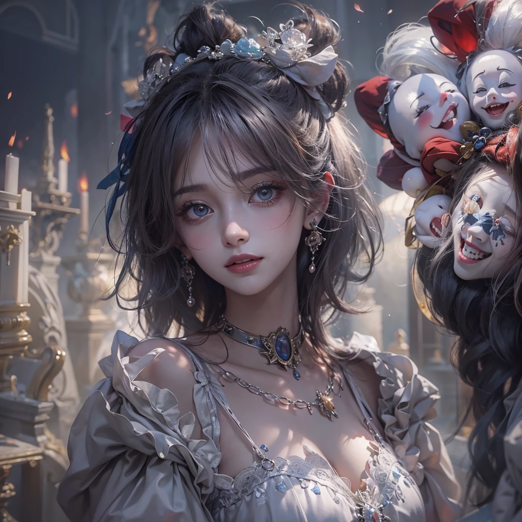 Standing in the grave、Hair flow、 ((Highest quality、masterpiece、8K、Best image quality、Ultra-high resolution、Award-winning works)、(Accurate anatomy:1.1)、(Look at me and smile:1.1)、Shining fair skin with Ultra-high resolution、The most detailed face、Ultra-high resolution detailed face、Ultra-high resolutionの髪の毛、(Ultra-high resolution eye:1.1)、Beautiful face drawn in every detail、Cheerful clown costume, Chest to chest,  Strange atmosphere, Ghosts flow, Dark Light, At the Cemetery, Heavy makeup 