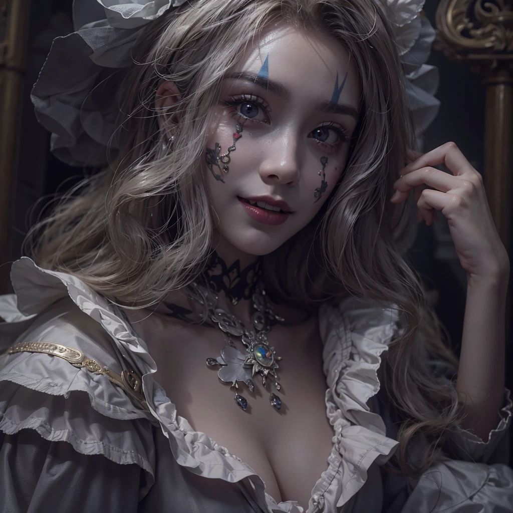 Standing in the grave、Hair flow、 ((Highest quality、masterpiece、8K、Best image quality、Ultra-high resolution、Award-winning works)、(Accurate anatomy:1.1)、(Look at me and smile:1.1)、Shining fair skin with Ultra-high resolution、The most detailed face、Ultra-high resolution detailed face、Ultra-high resolutionの髪の毛、(Ultra-high resolution eye:1.1)、Beautiful face drawn in every detail、Cheerful clown costume, Chest to chest, Strange atmosphere, Ghosts flow, Dark Light, At the Cemetery, Heavy makeup