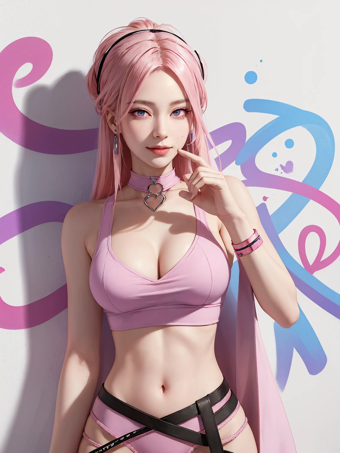 (Masterpiece, best quality, 1 girl, alone, complicated details, Chromatic aberration), realistic, ((Moderate breath)),long hair, pink hair, Red headpiece, Pink Highlights, hair on one eye,purple eyes, earring, sharp eyes, choker, Neon coat, She wears a collar, bangle, and kimono style garters., crop top, (symmetrical eyes),(Perfect symmetrical body),against the wall, Brick wall, (colorful graffiti words on the wall:1.2), The light is dim., alley ,Look at the viewer.、Dig the chest、smile、(sleeveless、Navel touch、Fitted turtleneck.)、street string hot pants、Thin bottom、Please build above the eaves..、Thin shoulders、in underwear、