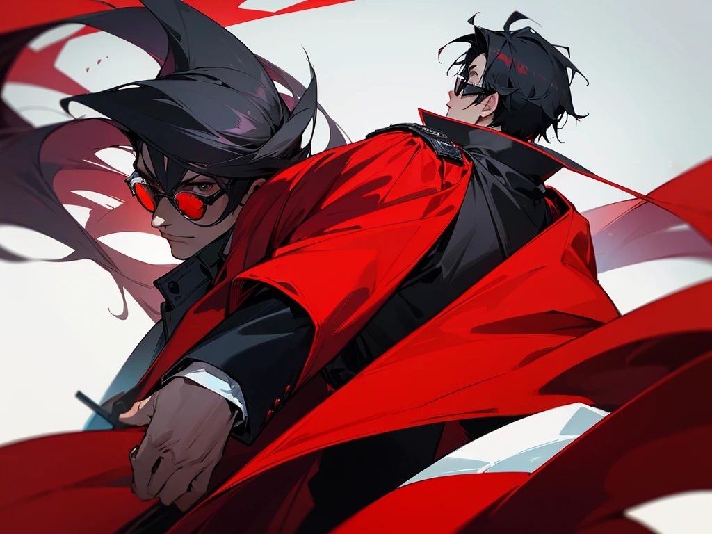A cool guy looking back like a villian wearing black and red coat and swag glasses