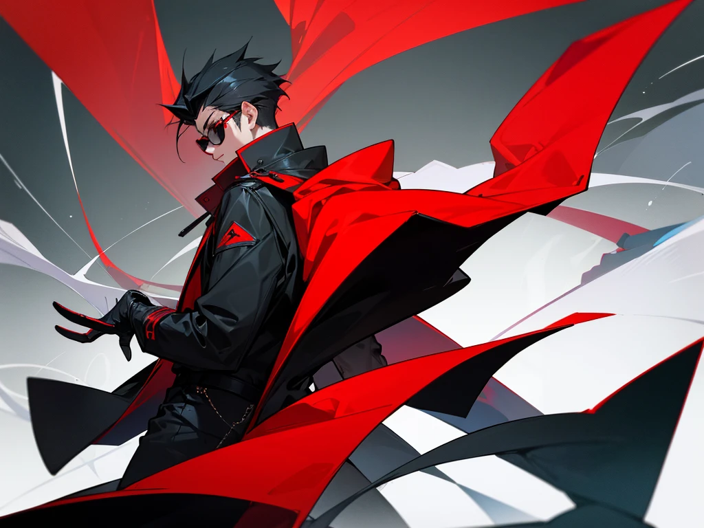 A cool guy looking back like a villian wearing black and red coat and swag glasses