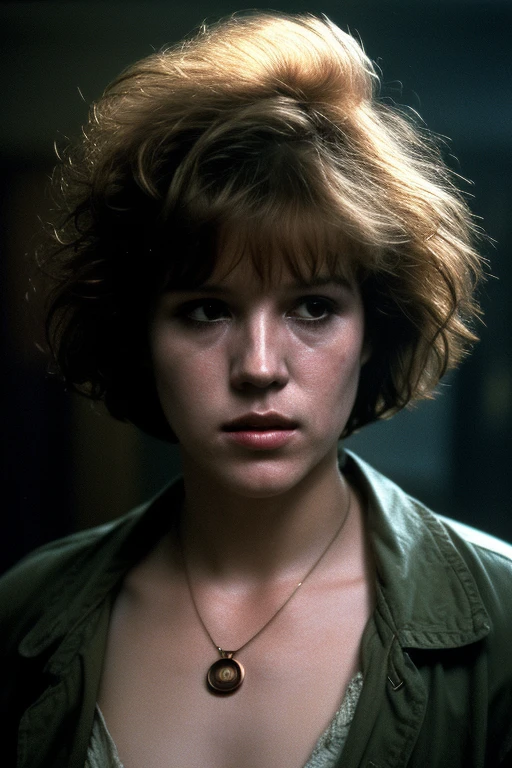 Full shot of -year-oldly Riald, messy/shaggy razored/layered bob haircut with sideswept bangs, bags under eyes, exhausted eyes, undershadowed eyes, with copper pocketwatch necklace, wearing dark green jacket with sleeves rolled up, white tank top and jeans, extremely realistic, extremely detailed, extreme realism, extreme detail, extremely accurate resemblance, scene from 1986 psychological sci-fi horror film, directed by Michael Mann, cinematography by Dante Spinotti, muted color scheme, muted color palette, neo-noir, tech-noir, taken from VHS tape, atmospheric, moody, Manhunter (1986) influenced, Thief (1981) influenced, bedhead, unkempt hair, insomniac, dark circles under eyes, brooding anti-heroine, cult classic, cult film, complex, elaborate, masterpiece, underlit, dark, VHS grain, VHS filter, Silent Hill vibes, old VHS tape, VHS static, deteriorated VHS, VHS footage