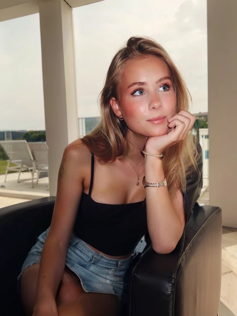 femme blonde assise sur une chaise en cuir noir dans une pièce, Marthe Jonkers, jolie jeune femme, belle fille blonde, jolie jeune fille, fille attirante, Daniela Uhlig, fille de 19 ans, belle jeune fille, elle porte un débardeur, image divulguée, jolie jeune femme, une belle adolescente, gros seins, salon, ciel bleu dehors