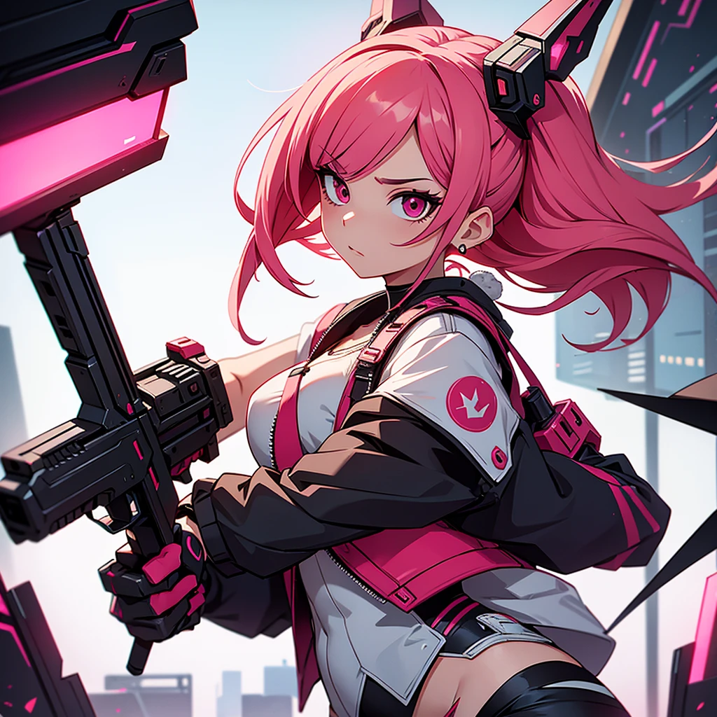 bunny girl, her hair is pink and long, her style is cyberpunk with weapons around the body in red