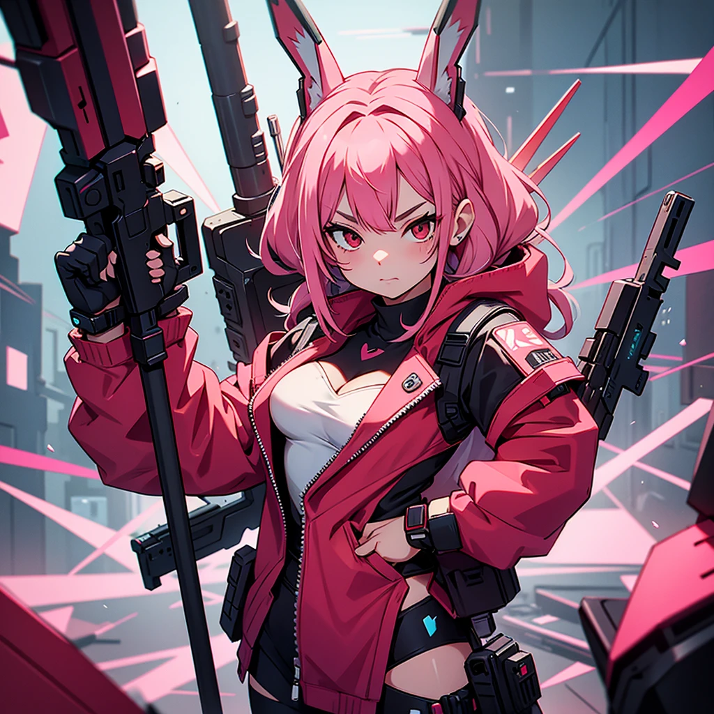 ((furry))(catgirl pink), standing in combat readiness, holding a (9mm gun), on (city), dynamic pose, vibrant colors, magical atmosphere.