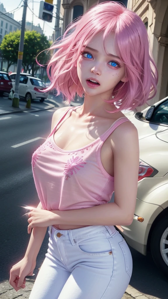 1girl, beautiful detailed eyes, horrified, scared, screaming, beautiful detailed lips, extremely detailed eyes and face, pink t-shirt, white jeans, standing on a street corner, award winning, intricate details, photorealistic, cinematic lighting, volumetric lighting, depth of field, beautiful face, striking pose, dynamic composition, vivid colors, warm tones, dragon