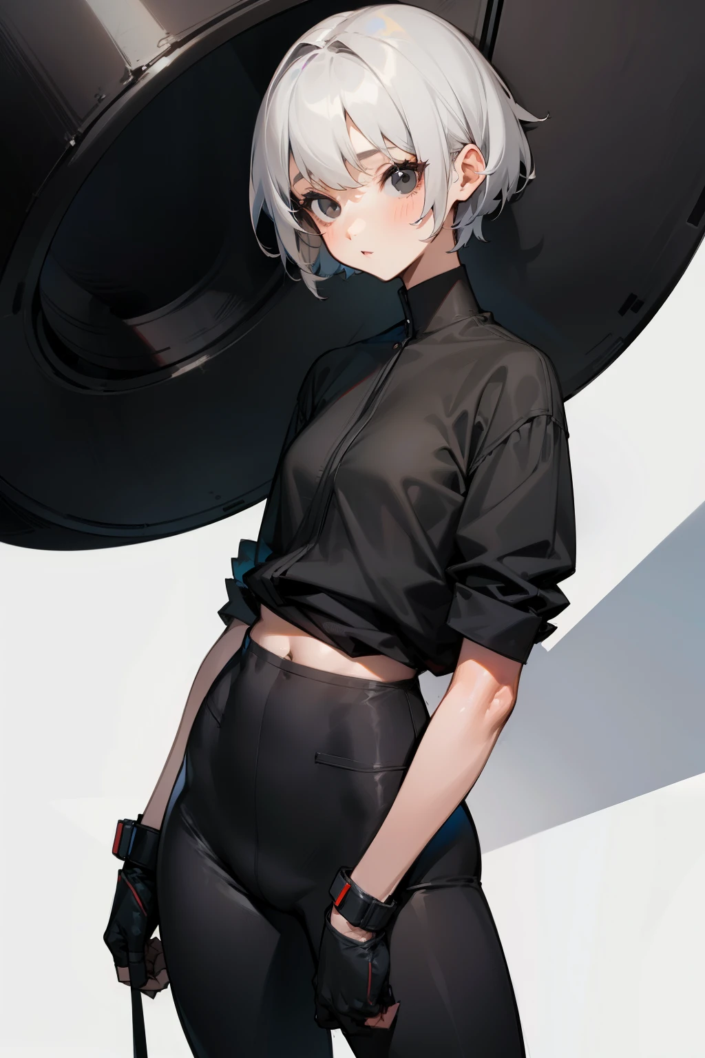 Cute girl, short gray hair, black eyes, big boobs, short leggings