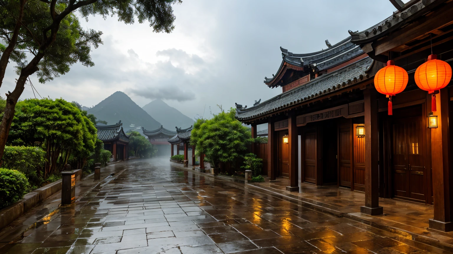 A tranquil, ancient street under a cloudy sky, with dark overcast weather. Traditional Chinese buildings line both sides of the street, with red lanterns hanging from the eaves. The trees and lush greenery add vitality to the scene. The ground is paved with bluestone, now wet and reflective after a recent rain, with a fresh post-rain scent in the air. Water droplets still cling to the eaves and leaves of the buildings, occasionally falling with the gentle breeze. In the distance, mountains loom faintly in the mist, filling the entire scene with tranquility and freshness.
