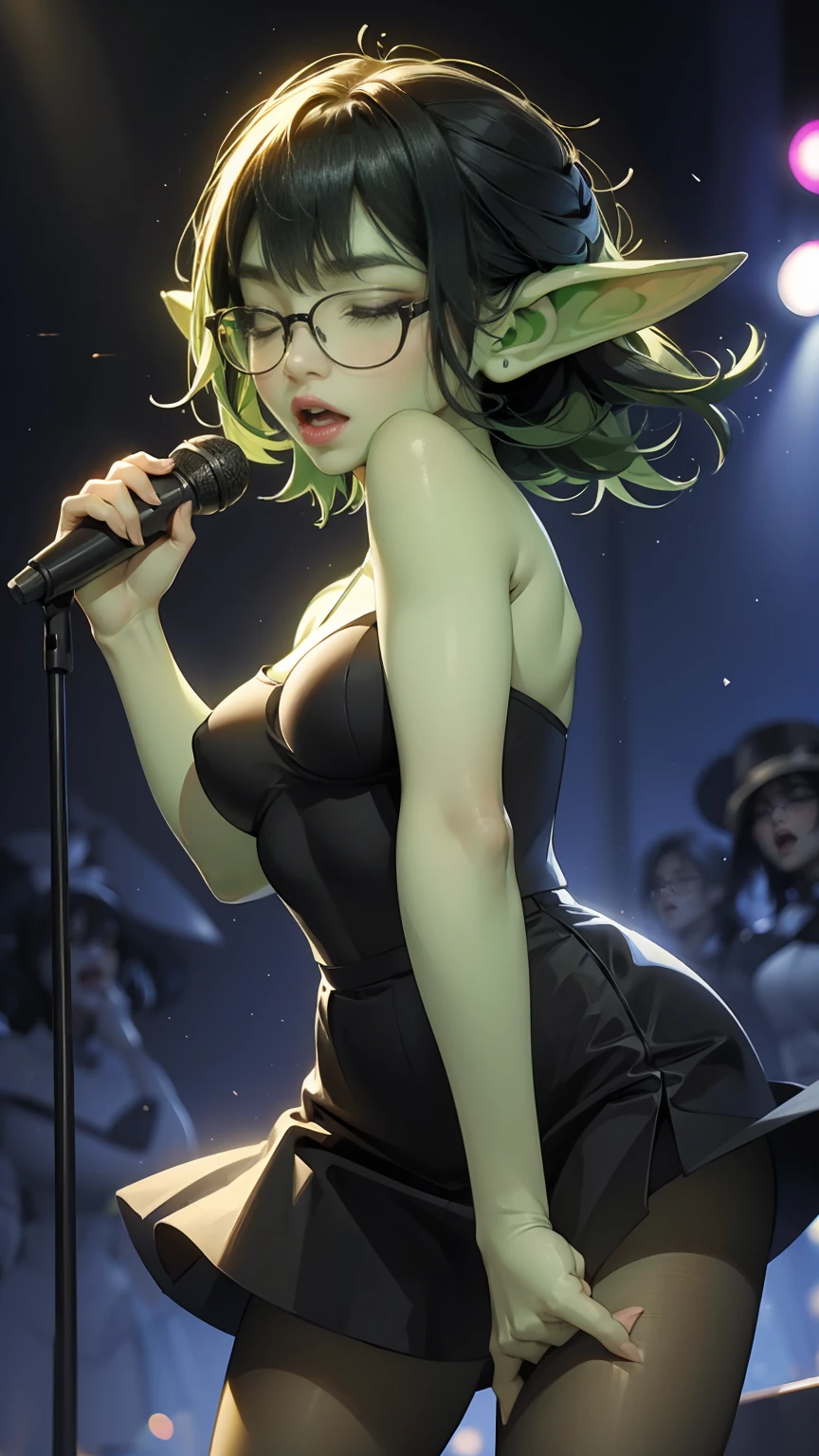 ((best quality)), ((masterpiece)), (detailed), perfect face, ((green skin)), pointy ears, tiny breasts, wearing black rimmed glasses, short dark hair, wearing black bra and short black skirt and black pantyhose and back pumps, (night outside), very drunk, singing karaoke, having a great time, singing loudly, dynamic pose, colorful lighting, cinematic still, eyes closed, having fun, happy