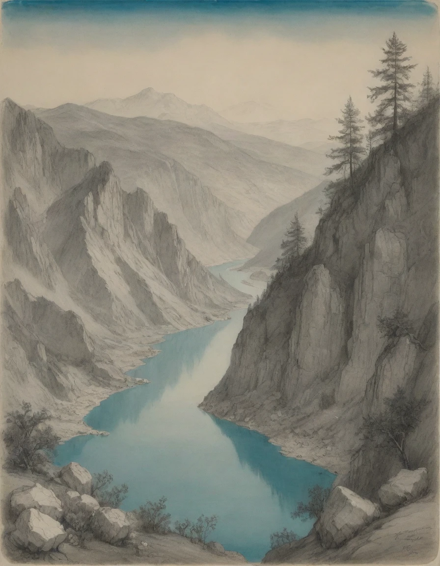 (((Rough monochrome drawing, gray scale, Linear style, hand drawn, coal sketch on paper))),  ((((by Joseph Mallord William Turner)))), ((( by Moebius Jean Giraud))), ((by James McNeill Whistler)) the composition is: ((((Aerial cyan view of a river valley, with escarpments made of corals, crystals, mirrors and opaline stones with a river of holographic water)))), ((mountains in the background, with peonies and multicolored trees.))