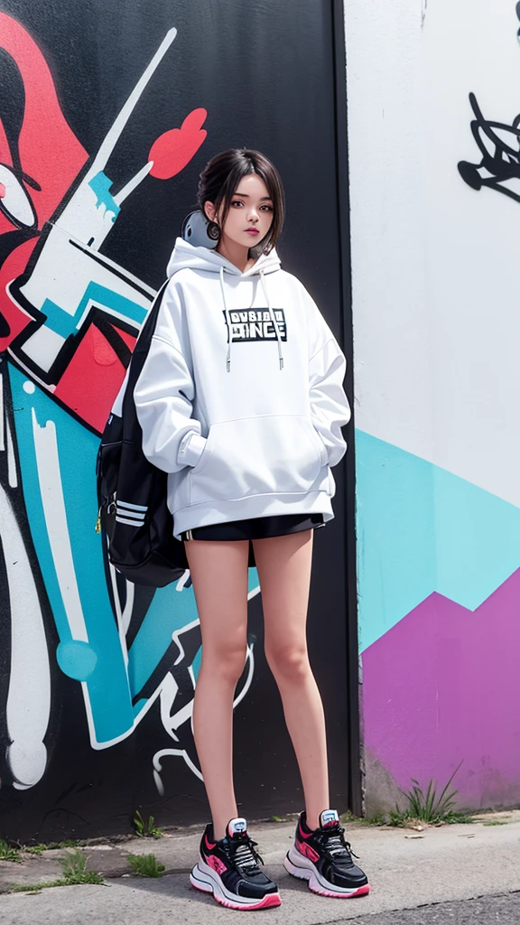Capture a stylish girl in a hype outfit, complete with trendy sneakers, oversized hoodie, and edgy accessories. She's posing confidently in front of a modern, urban building. Behind her, there's a large, vibrant graffiti mural featuring the word 'SASIMO' in bold, colorful letters. The background should emphasize the dynamic cityscape, with the girl exuding cool confidence and street-style flair."