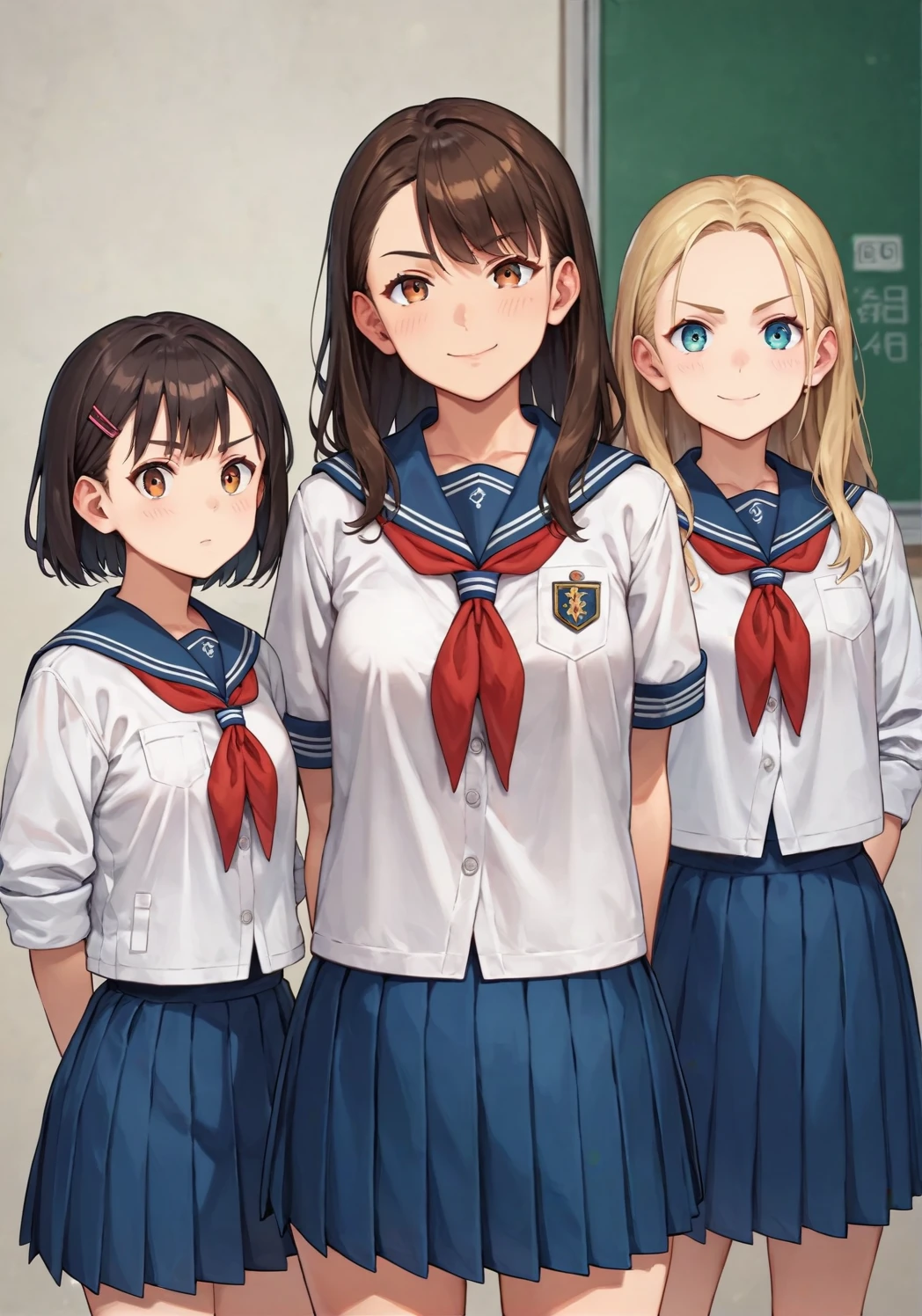 score_9, score_8_up, score_7_up, score_アニメ, Three friends, ((different genders)), The girl on the right, The girl on the left, (white jackets), (дорогая school uniform), (school uniform), (British style), looking straight into the camera, front view, confident pose
