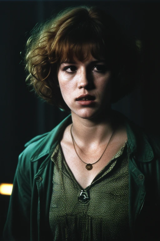 Full shot of eighteen-year-old Molly Ringwald, messy/shaggy razored/layered bob haircut with sideswept bangs, bags under eyes, exhausted eyes, undershadowed eyes, with copper pocketwatch necklace, wearing dark green jacket with sleeves rolled up, white tank top and jeans, extremely realistic, extremely detailed, extreme realism, extreme detail, extremely accurate resemblance, scene from 1986 psychological sci-fi horror film, directed by Michael Mann, cinematography by Dante Spinotti, muted color scheme, muted color palette, neo-noir, tech-noir, taken from VHS tape, atmospheric, moody, Manhunter (1986) influenced, Thief (1981) influenced, bedhead, unkempt hair, insomniac, dark circles under eyes, brooding anti-heroine, cult classic, cult film, complex, elaborate, masterpiece, underlit, dark, VHS grain, VHS filter, Silent Hill vibes, old VHS tape, VHS static, deteriorated VHS, VHS footage, CRT TV filter