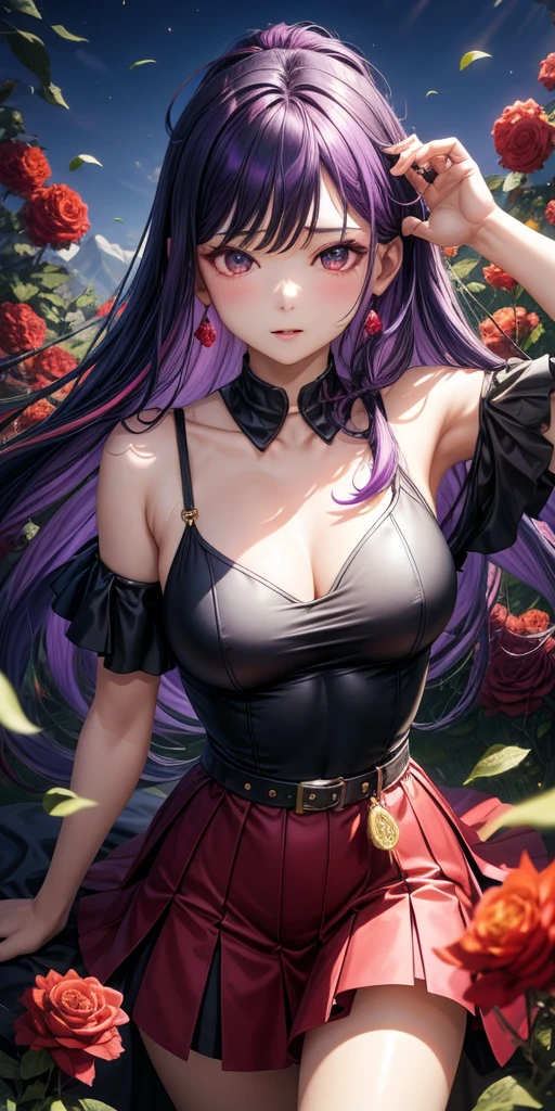 sunlight,woman,Purple Hair,conjunctivitis,black and red princess dress,The atmosphere is full of roses.,The wind is blowing,Streaming hair,Manghwa,Have meth,At night,werewolf,ถือปืนลายสีดำทอง,มีพลังวิเศษ,พื้นหลังมีกากเพรชสีทอง,มีผีเสื้อ