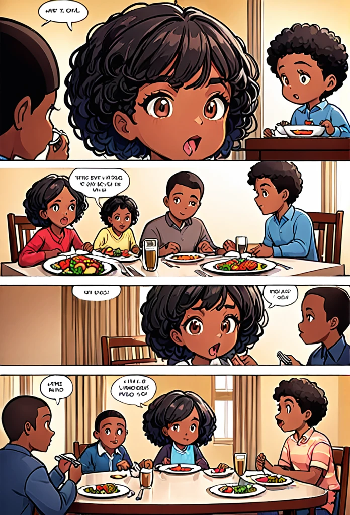 Comic where a black girl is eating on a dinning table, and a boy too
