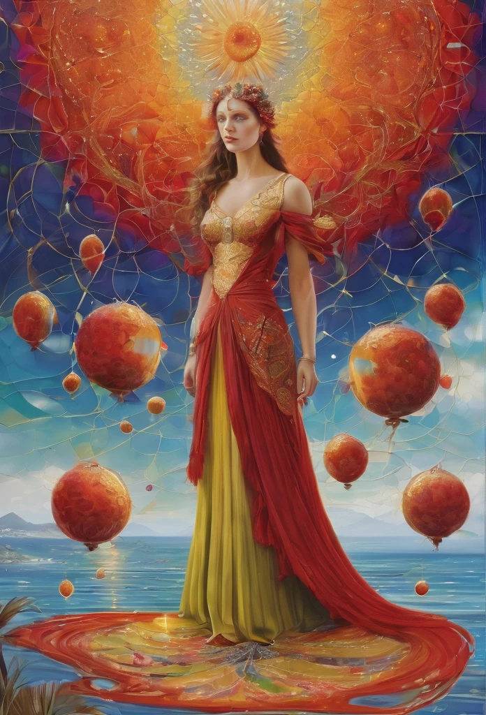 La guacamaya roja, in the center of the image , lenormand oracle,Beautiful line art photo,Use gold strokes and rainbow paint,Golden Maiden,the golden ratio,Melted wax,Visible brush strokes,surrounded by crystal spheres,3D Mosaic Wireframe,neuroimaging,neurons,colours,California,intense emotion,Oil on canvas,Thick strokes,insanely details,8k ultra high definition,tmasterpiece,art stations,ultra-realistic realism,