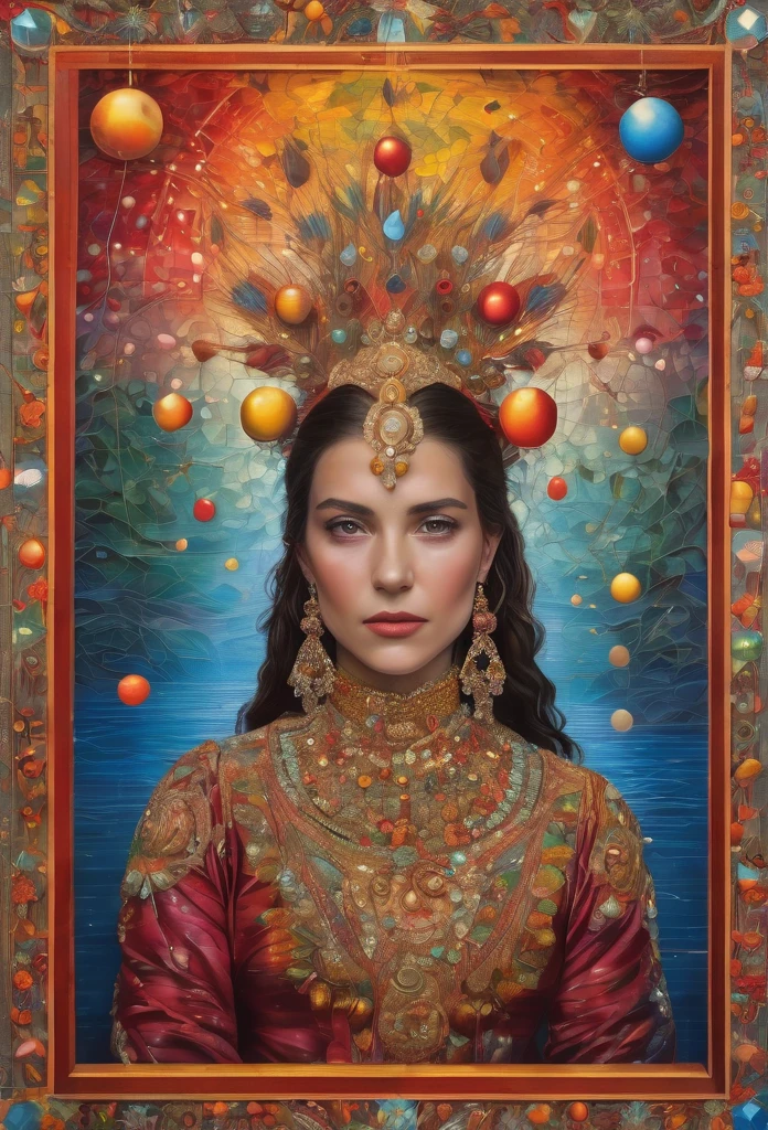 La guacamaya roja, in the center of the image , lenormand oracle,Beautiful line art photo，Use gold strokes and rainbow paint，Golden Maiden，the golden ratio，Melted wax，Visible brush strokes，surrounded by crystal spheres，3D Mosaic Wireframe，neuroimaging，neurons，colours，California，intense emotion，Oil on canvas，Thick strokes，insanely details，8k ultra high definition，tmasterpiece，art  stations，ultra-realistic realism，