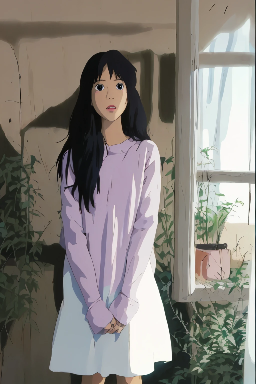 ghibli styled anime girl, long black haired, ghibli background anime
