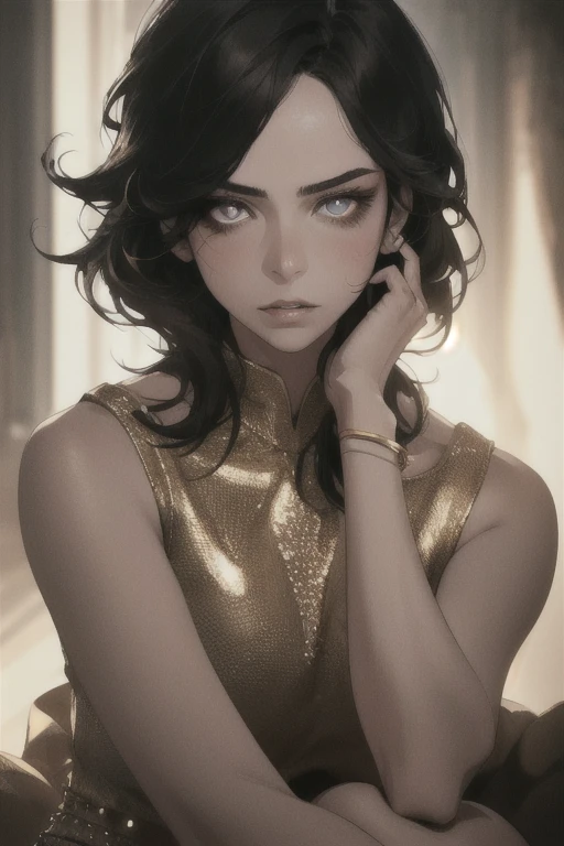 (best quality,4k,8k,highres,masterpiece:1.2),ultra-detailed,(realistic,photorealistic,photo-realistic:1.37),1girl,beautiful detailed eyes,beautiful detailed lips,extremely detailed eyes and face,longeyelashes,gucci,elegant,fashion,whole body,legs showing,amazing details,movie light,jewelry,gold,light eyes,(dark circles),designer clothes,neutral colors,dark hair,indirect light,(black hair),detailed face,serious look,mouth half-open
