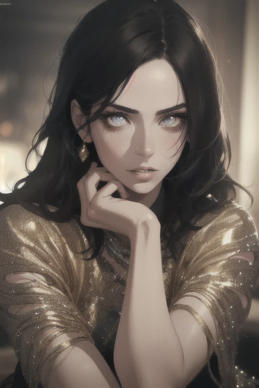 (best quality,4k,8k,highres,masterpiece:1.2),ultra-detailed,(realistic,photorealistic,photo-realistic:1.37),1girl,beautiful detailed eyes,beautiful detailed lips,extremely detailed eyes and face,longeyelashes,gucci,elegant,fashion,whole body,legs showing,amazing details,movie light,jewelry,gold,light eyes,(dark circles),designer clothes,neutral colors,dark hair,indirect light,(black hair),detailed face,serious look,mouth half-open