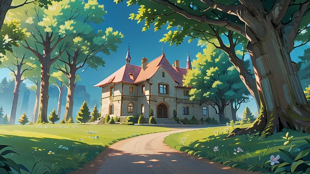 a dirt path surrounded by a forest and trees to a castle so far that you see at the end
