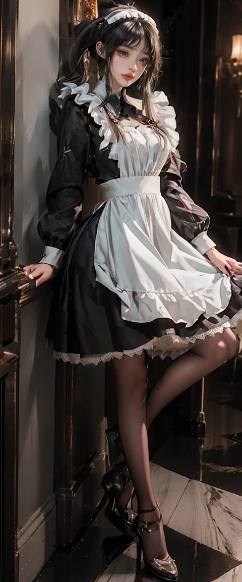 masterpiece、best quality、high resolution、Reality、high resolution、original photo、(A maid stands in the corridor of a luxurious mansion)、((1 girl、Young woman hiding in the corner of the corridor、Detailed face and eyes、Pretty Face、Ponytail、Glowing skin、Realistic skin texture、Wearing a maid outfit、Take a gun、Dynamic poses、Long sleeve、 Large Breasts、Big Ass))、((Black maid outfit、Long sleeve、Long skirt、White apron、Headdress、High heel))、