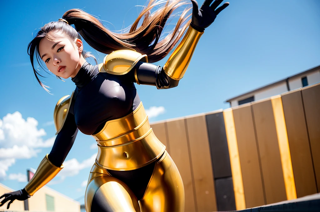 (((A very Beautiful female soldier with long waving golden wearing Pitch black Full armor))),1 woman, alone, run, , ponytail, Ohครงสร้างแข็งแรง, dynamic brush strokes, fluid movement, Embodying the essence of her fighting spirit and energy., Oh, portraying the motion and grace of run, showing the wind blowing her ponytail and clothes, and the scenery around her.
outdoor, พื้นหลังOhดยละเอียด, modern metropolis,war,troops