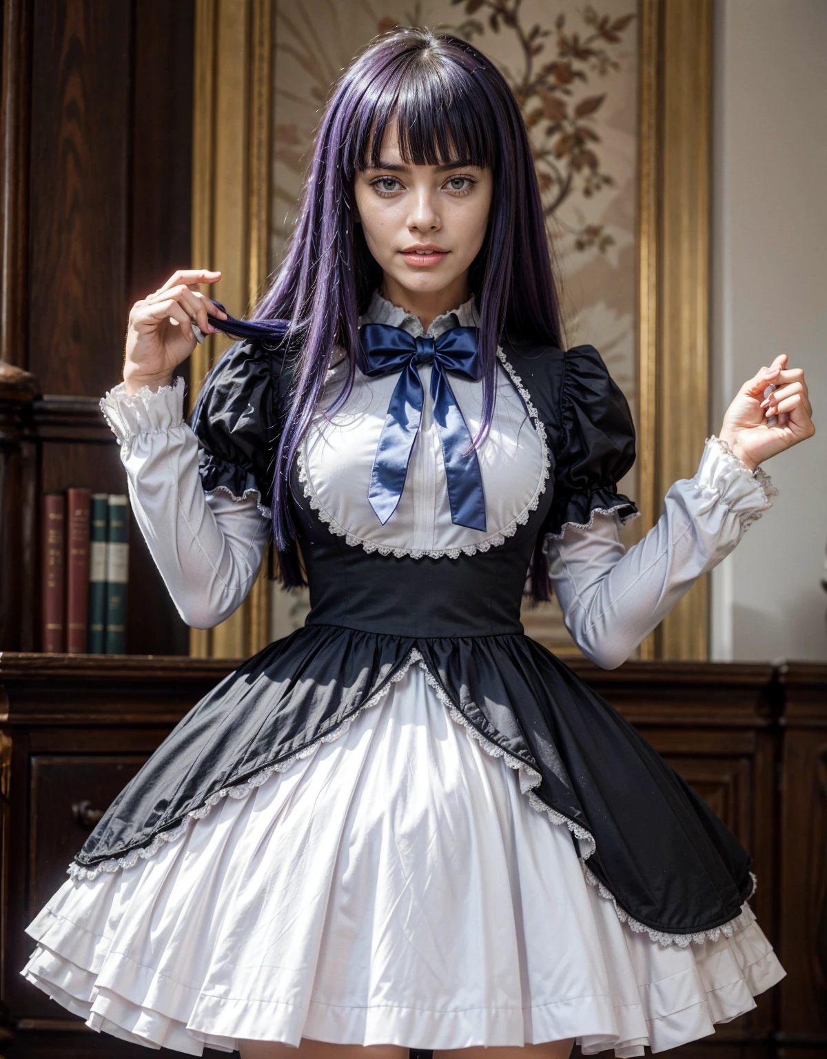 1 chica, full body photography, athletic, strong woman body, slim woman body, bowtie, frills, black dress, puffy sleeves, short over long sleeves, long sleeves, deep-blue hair, long hair, frederica bernkastel, purple hair, dress, bowtie, mary janes, socks, cat tail, tail bow, tail ornament, 
purple eyes, constituir, Volumetric lighting, Mejor calidad, obra maestra, detalles intrincados, mapeo de tonos, sharp focus, hiper detallado, tendencia en artstation, Realista, belleza de talla mundial, joy face, vista frontal, detailed background, centered photo, perfectly drawn hands, closed dress at chest