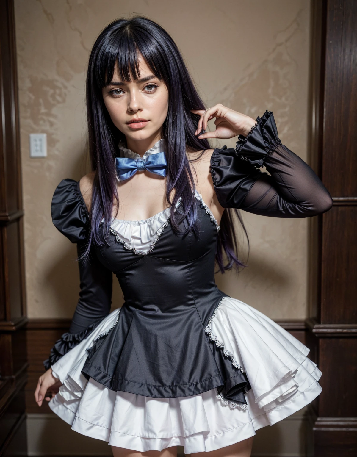 1 chica, full body photography, athletic, strong woman body, slim woman body, bowtie, frills, black dress, puffy sleeves, short over long sleeves, long sleeves, deep-blue hair, long hair, frederica bernkastel, purple hair, dress, bowtie, mary janes, socks, cat tail, tail bow, tail ornament, 
purple eyes, constituir, Volumetric lighting, Mejor calidad, obra maestra, detalles intrincados, mapeo de tonos, sharp focus, hiper detallado, tendencia en artstation, Realista, belleza de talla mundial, joy face, vista frontal, detailed background, centered photo, perfectly drawn hands, closed dress at chest