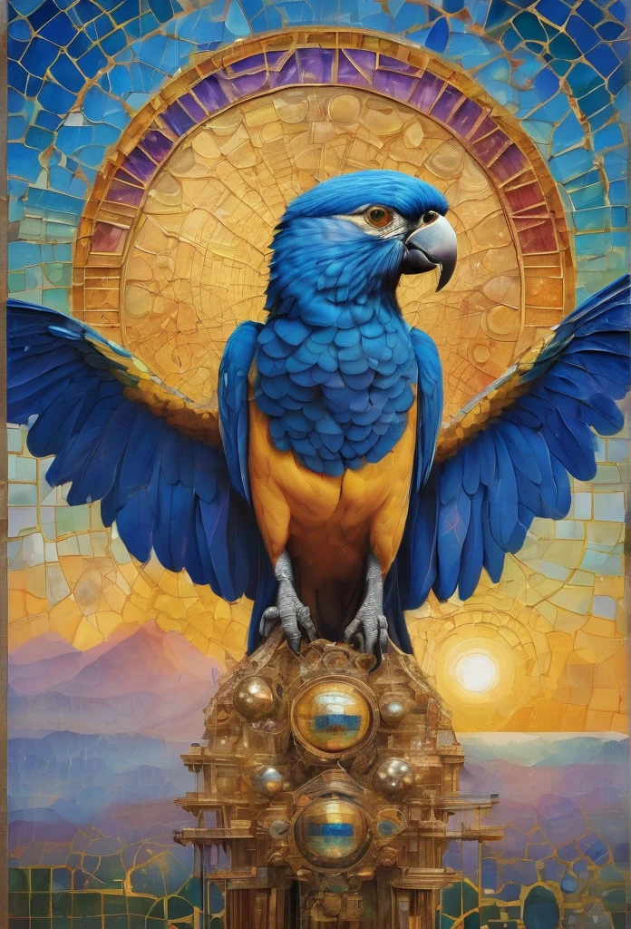 Guacamaya azul, in the center of the image , lenormand oracle,Beautiful line art photo，Use gold strokes and rainbow paint，Golden Maiden，the golden ratio，Melted wax，Visible brush strokes，surrounded by crystal spheres，3D Mosaic Wireframe，neuroimaging，neurons，colours，California，intense emotion，Oil on canvas，Thick strokes，insanely details，8k ultra high definition，tmasterpiece，art  stations，ultra-realistic realism，