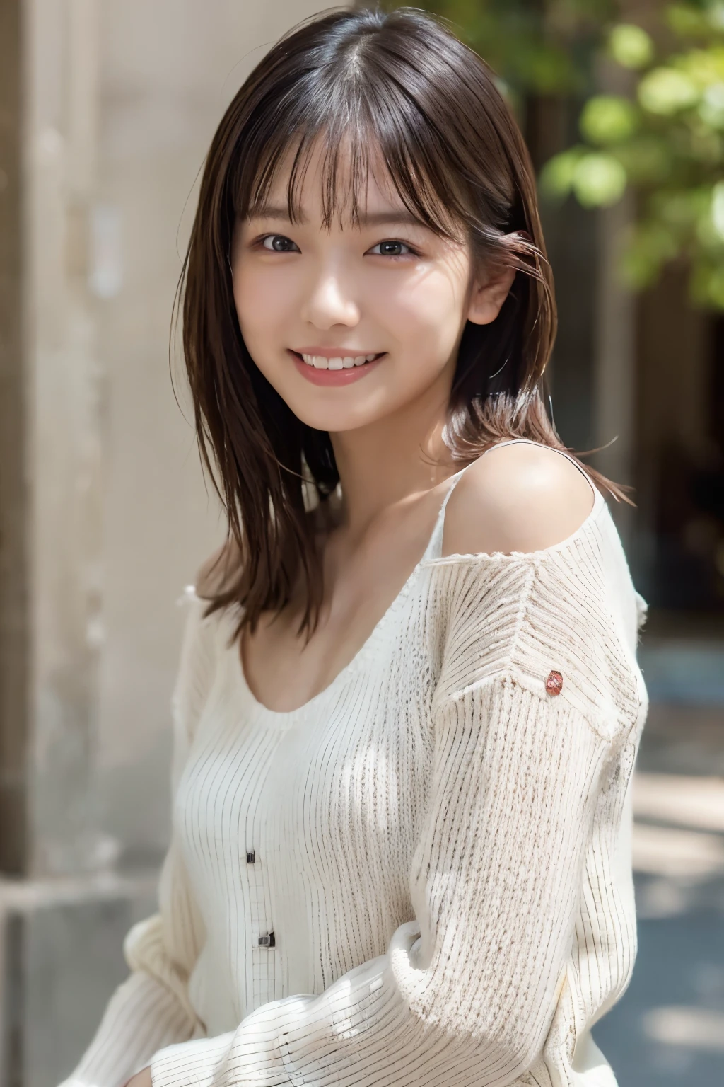 1 Girl, (Wearing a white summer sweater:1.2), Very beautiful Japanese idol portraits,
(RAW Photos, Highest quality), (Realistic, Realistic:1.4), (masterpiece),
Very delicate and beautiful, Very detailed, 2k wallpaper, wonderful, finely, Very detailed CG Unity 8K 壁紙, Very detailed, High resolution, Soft Light,
Beautiful detailed girl, Very detailed目と顔, Beautiful and sophisticated nose, finelyて美しい目, Cinema Lighting,
(I am doing gravure shoots for fashion magazines.:1.3), (outdoor),
(Medium Hair),
Complete Anatomy, Slender body, Small breasts, smile