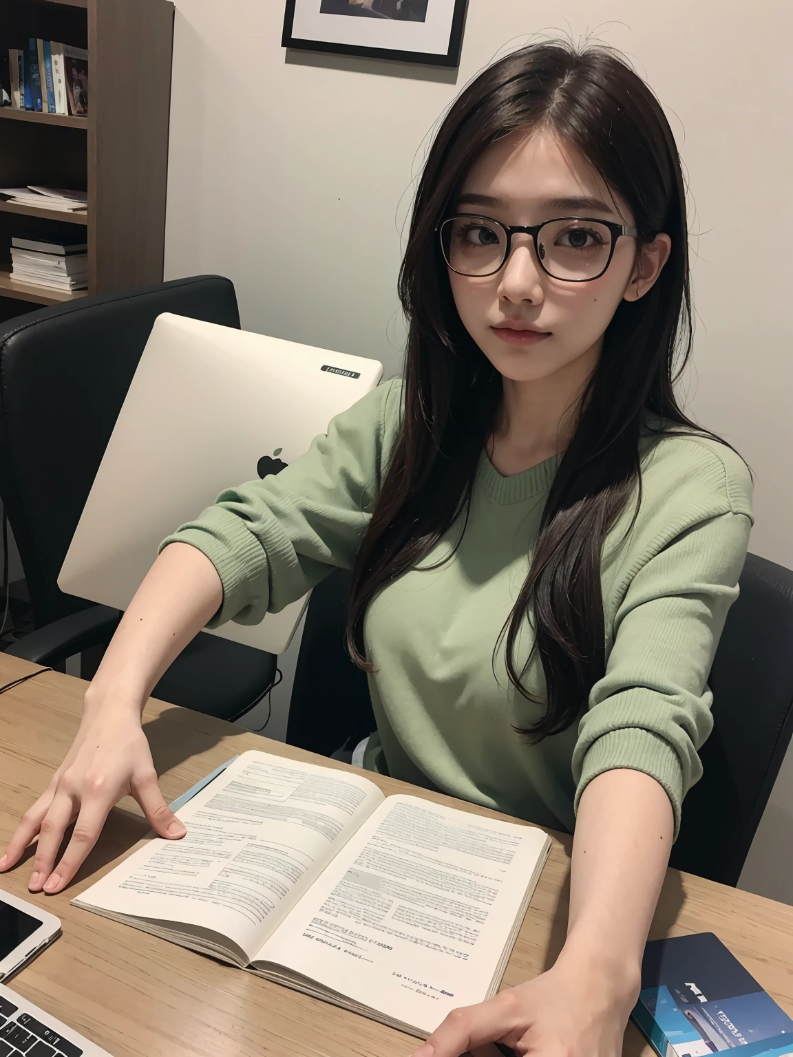Close-up of Ginger woman, green eyes, glasses, sitting on Computers