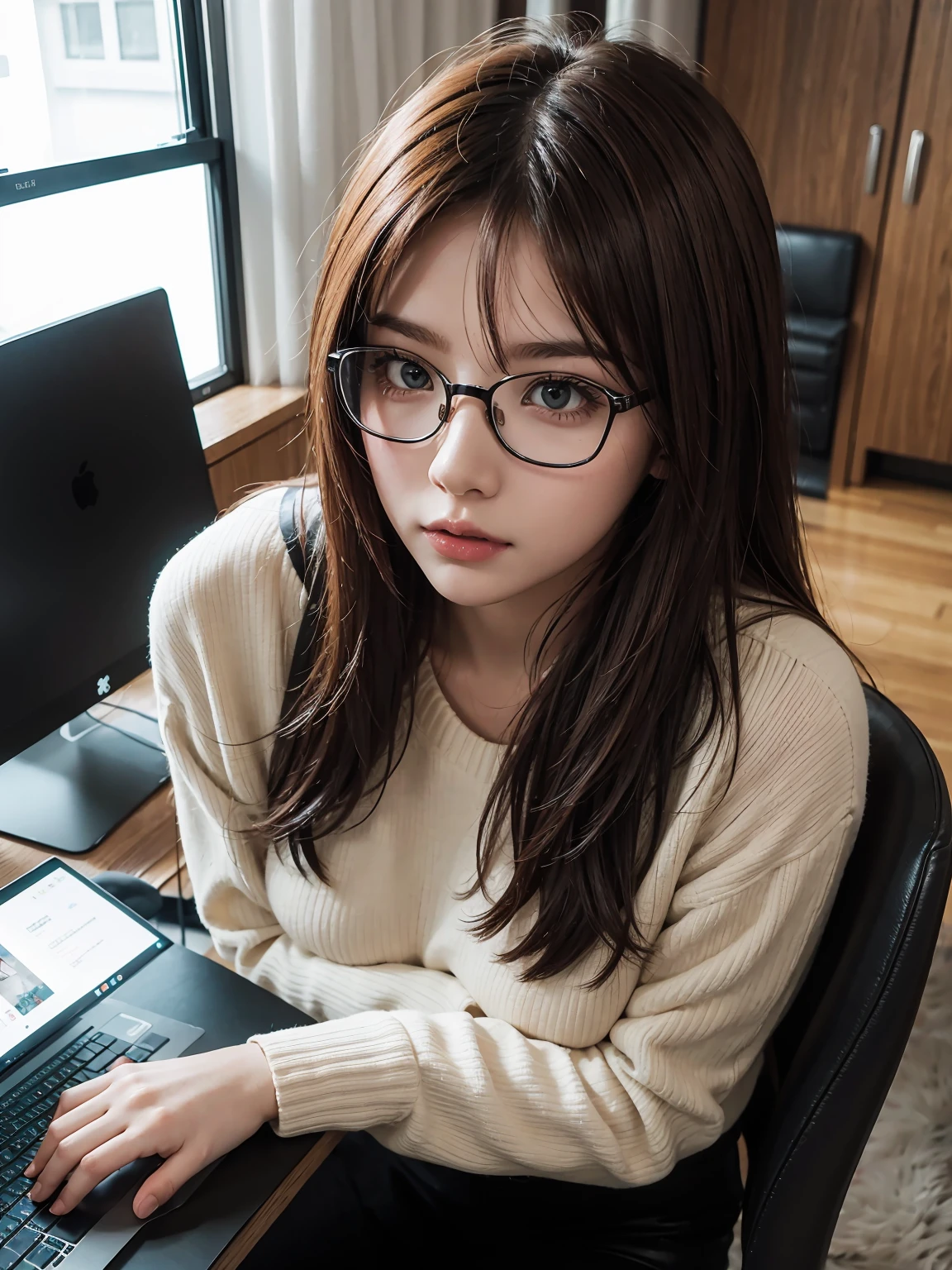 Close-up of Ginger woman, green eyes, glasses, sitting on Computers
