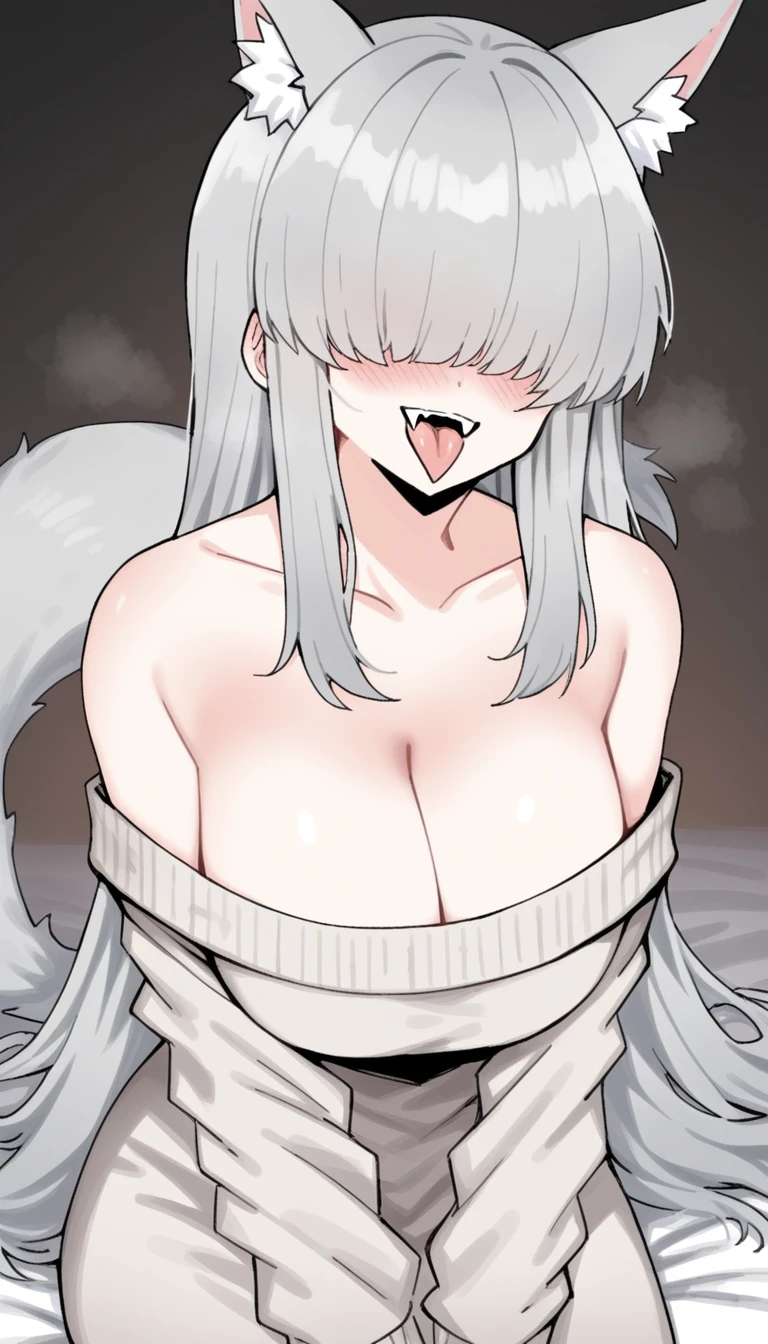 a cartoon girl with white and gray fur wears a long gray dress, 1girl, hair over eyes, breasts, animal ears, solo, long hair, blush, fangs, cleavage, tail, tongue, open mouth, smile, sweater, off shoulder, collarbone, bangs, facing viewer