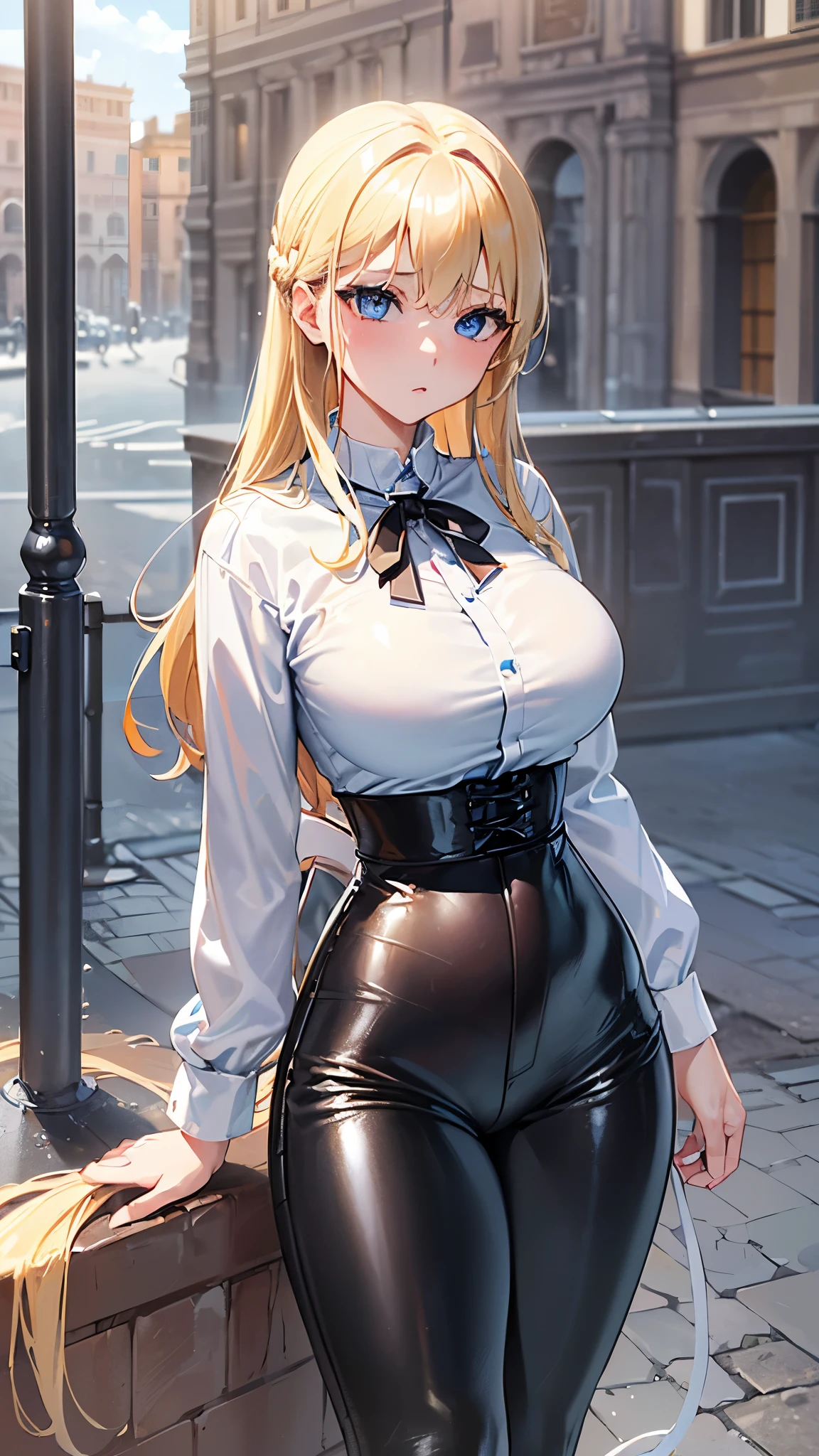 最high quality、Best image quality、masterpiece、(((18 year old girl、Best Bust、Beautiful Blue Eyes、Blonde side tail))、(((White shirt、black high waist leather pants)))、Big Hips、Large Breasts、Sexy Body、high quality、((Streets of Rome))、Visual Arts

