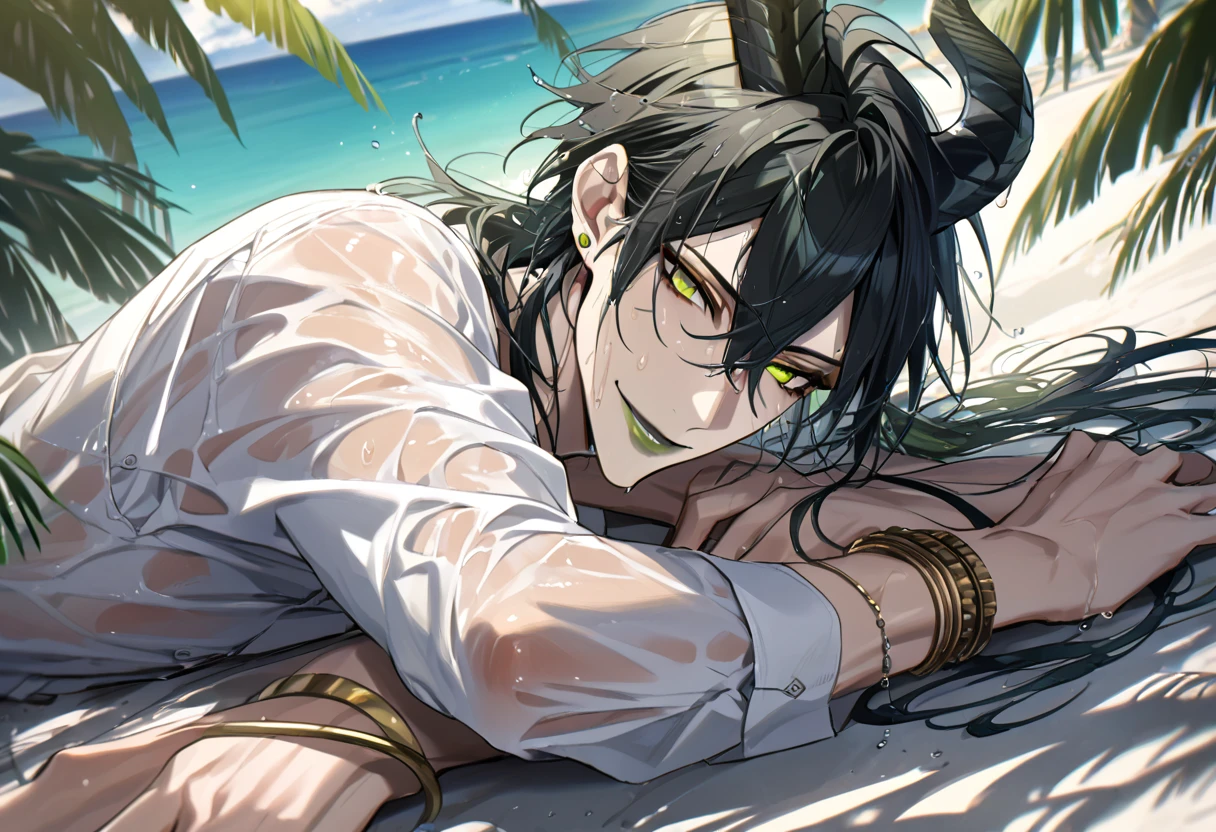((masterpiece:1.4, best quality)), (Ultra detailed background), 1boy, handsome man, highly detailed beautiful face and eyes, white hair, beautiful eyes, (sharp detail:1.3), shiny, earrings, bracelet, (wet clothes:1.3), Shirts, Bari, Cebu Island, plumeria, near the beach, stretch,lie on one's back, dynamic angle, malleus draconia (twisted wonderland) horns, bishounen, boy, male, yana Toboso style, long hair, black hair, yellow green eyes, smile, gray lips, handsome, skinny, tall, yellow green glow,