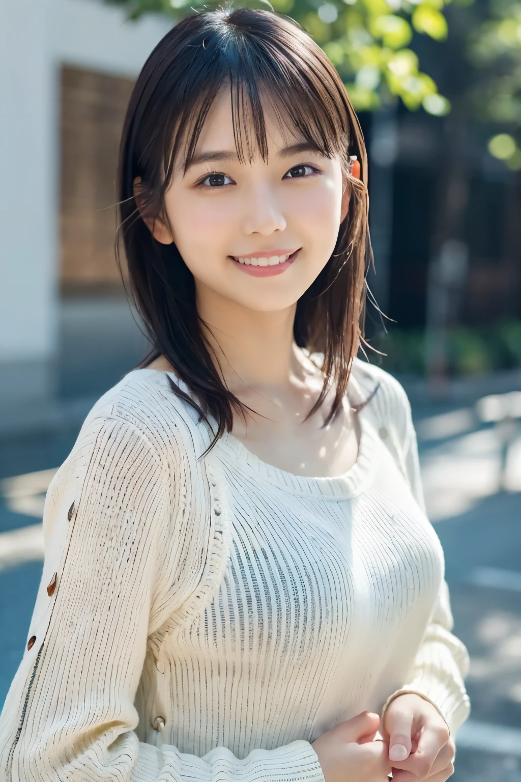 1 Girl, (Wearing a white summer sweater:1.2), Very beautiful Japanese idol portraits, 
(RAW Photos, Highest quality), (Realistic, Realistic:1.4), (masterpiece), 
Very delicate and beautiful, Very detailed, 2k wallpaper, wonderful, finely, Very detailed CG Unity 8K 壁紙, Very detailed, High resolution, Soft Light, 
Beautiful detailed girl, Very detailed目と顔, Beautiful and sophisticated nose, finelyて美しい目, Cinema Lighting, 
(I am doing gravure shoots for fashion magazines.:1.3), (outdoor),
(Medium Hair), 
Complete Anatomy, Slender body, Small breasts, smile