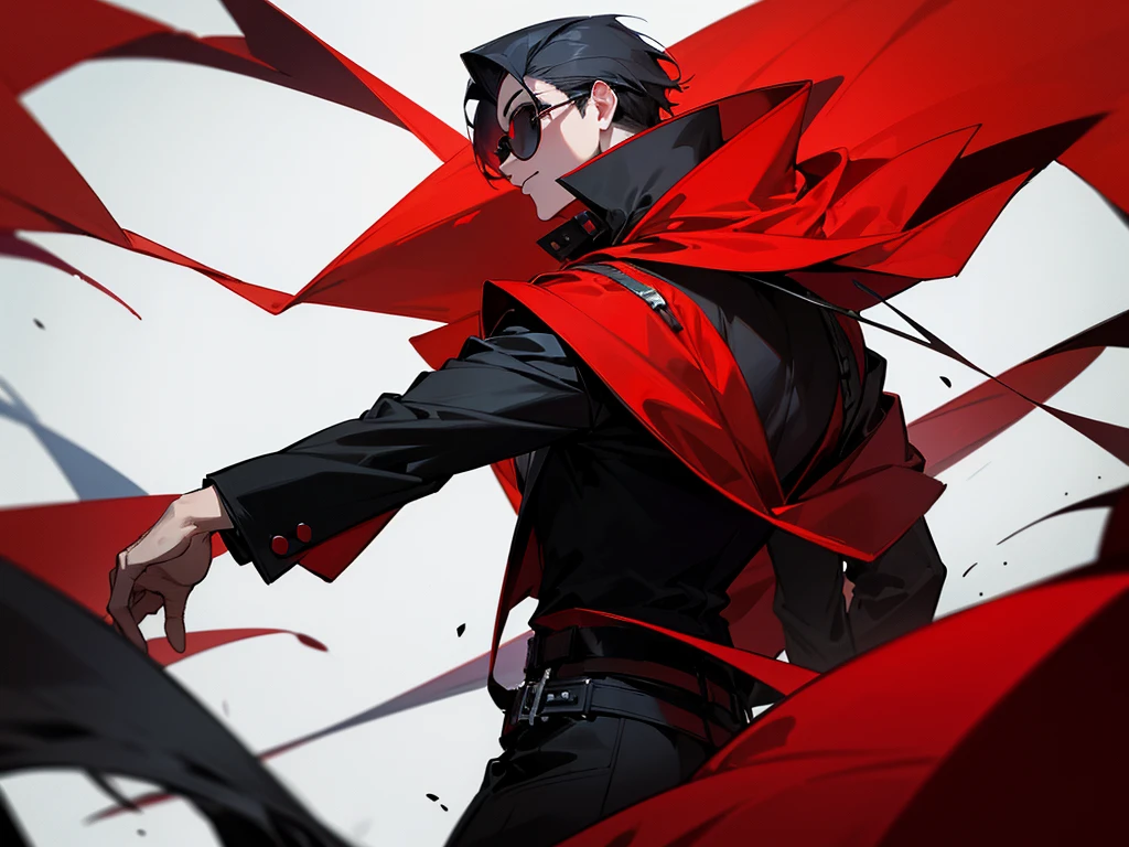 A cool guy looking back like a villian wearing black and red coat and swag glassesAnd there should be no air