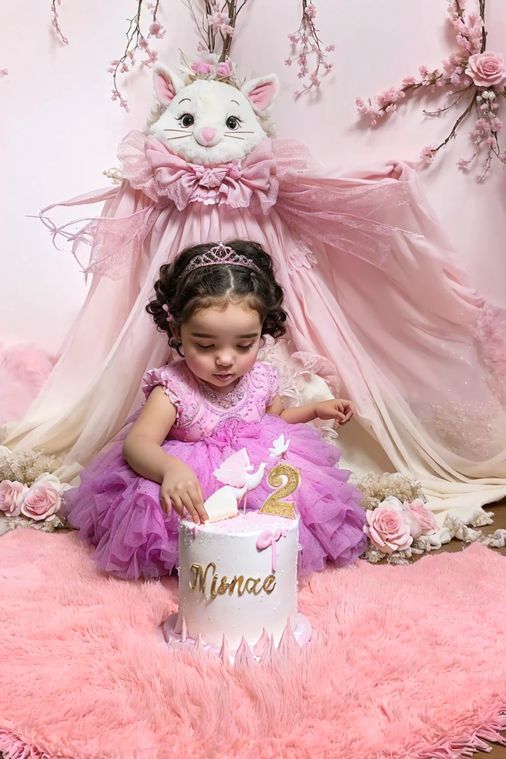 Araffe girl in pink dress sitting on pink fluffy rug with cake, 2 , 1614572159, very magical and dreamy, the background is heavenly, viñeta, 3127318783, magical mood, beautiful pink , 🤬 🤮 💕 🎀, raised, princess girl, graphic